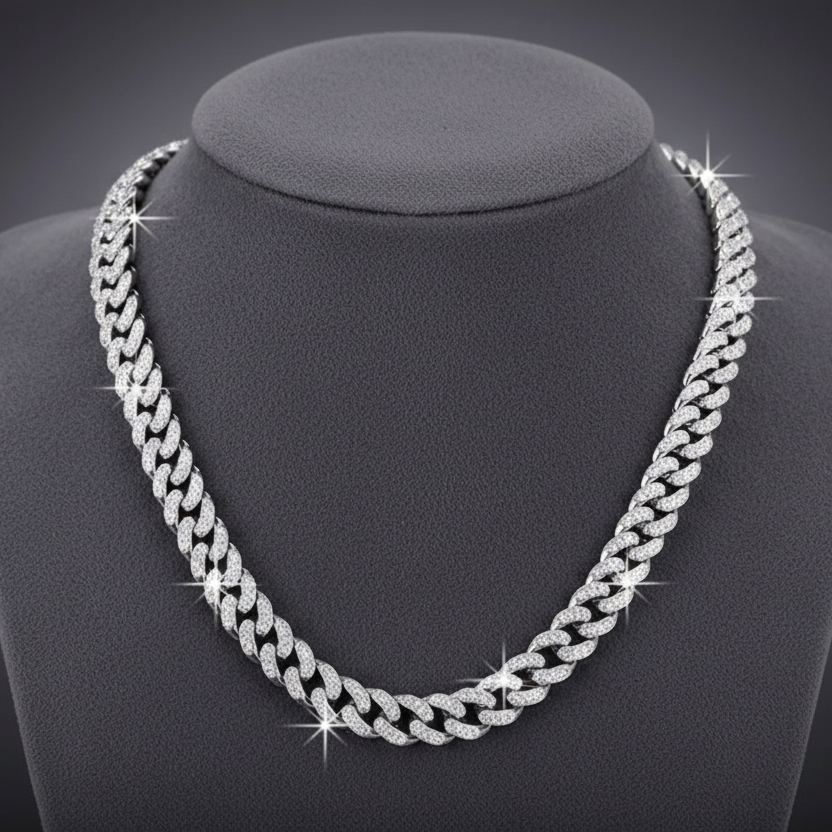 Silver Rhinestone Cuban Chain Necklace