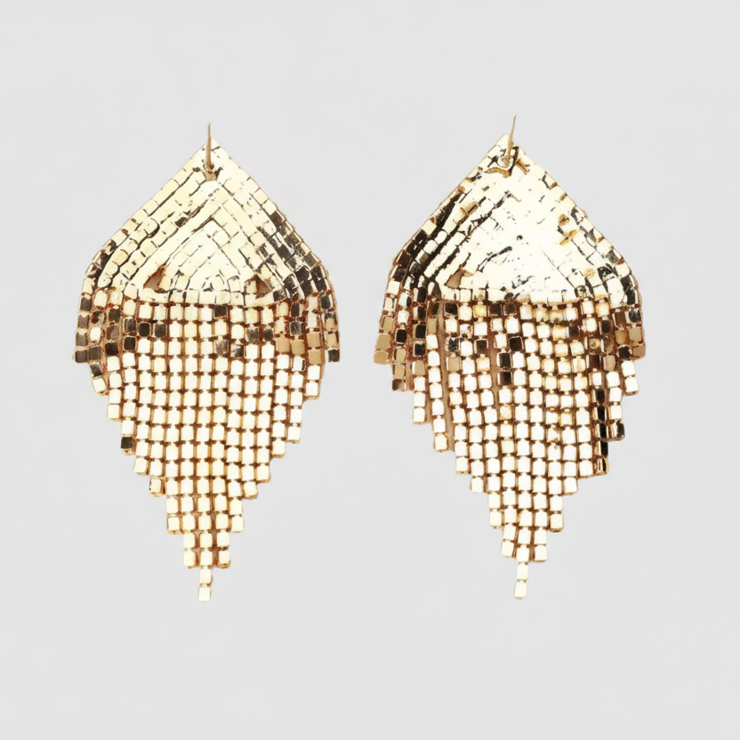Back view of champagne tassel earrings displaying yellow gold tone setting.