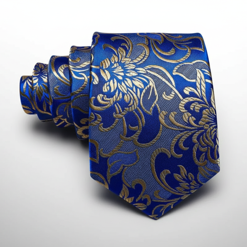 Blue Royal Gold Floral Scroll Necktie Set