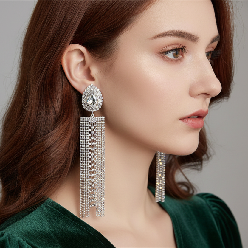 Woman wearing elegant silver earrings with tassels against a neutral background
