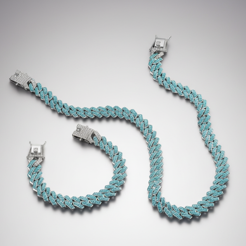Aqua/Silver Cuban Chain Set