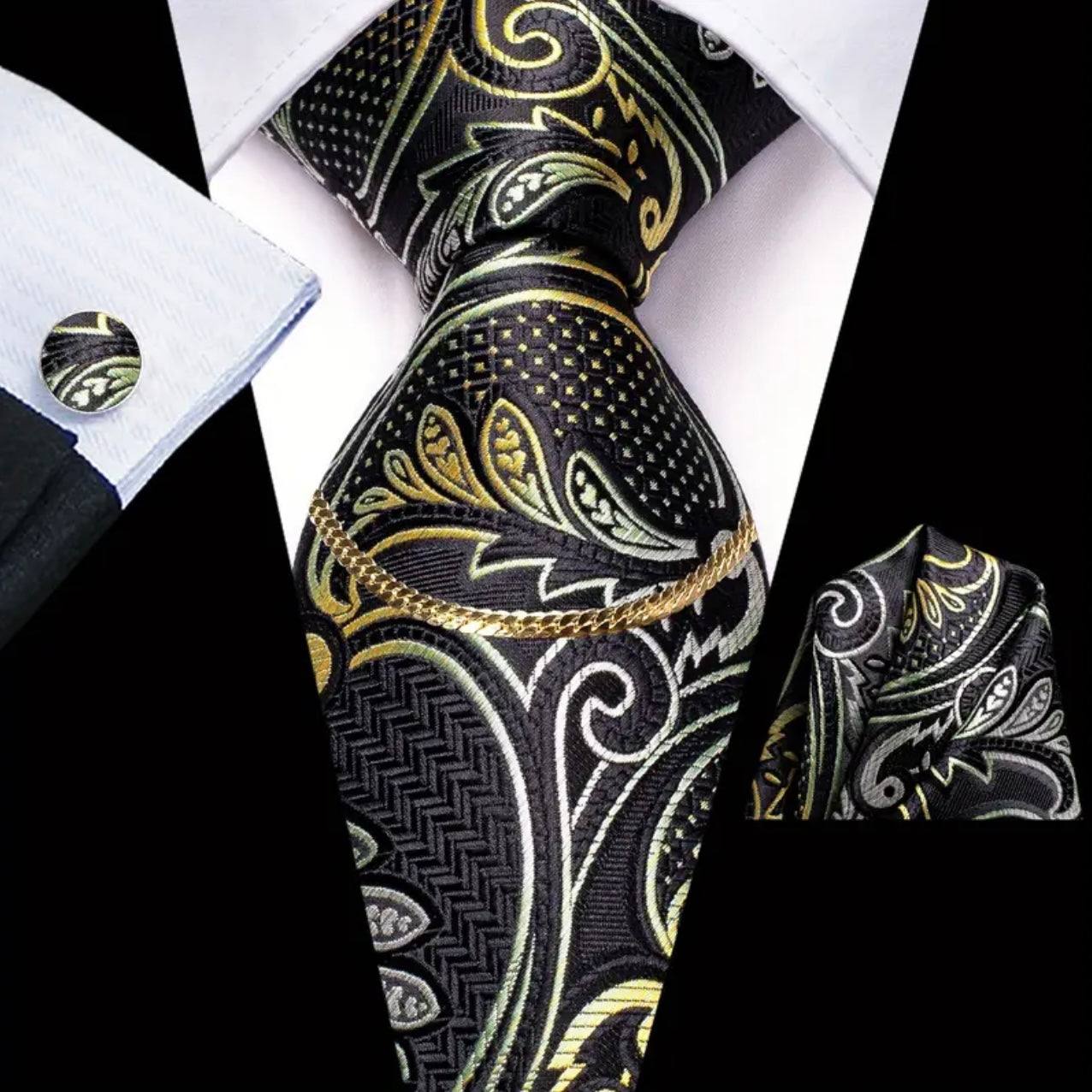 Black Yellow Patterned Necktie Set