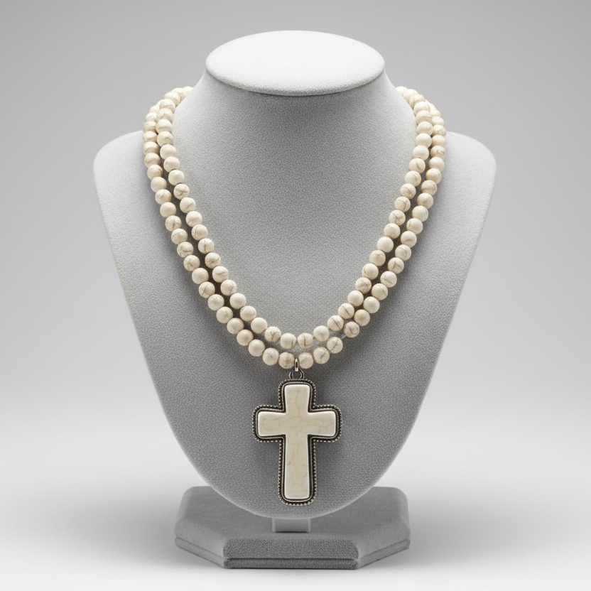 Turquoise Heart Cross Pendant Long Beaded Necklace