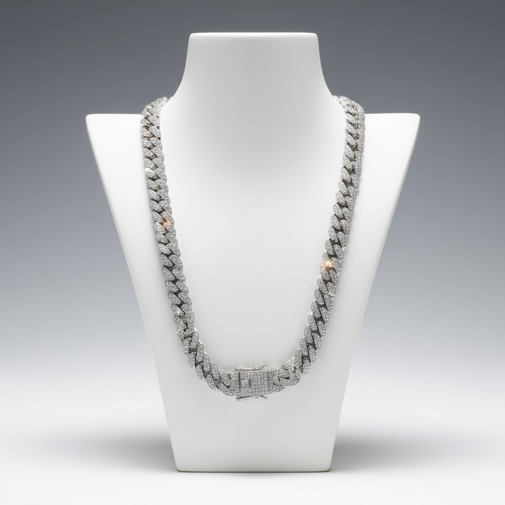 Necklace displayed on a white mannequin bust against a gray background