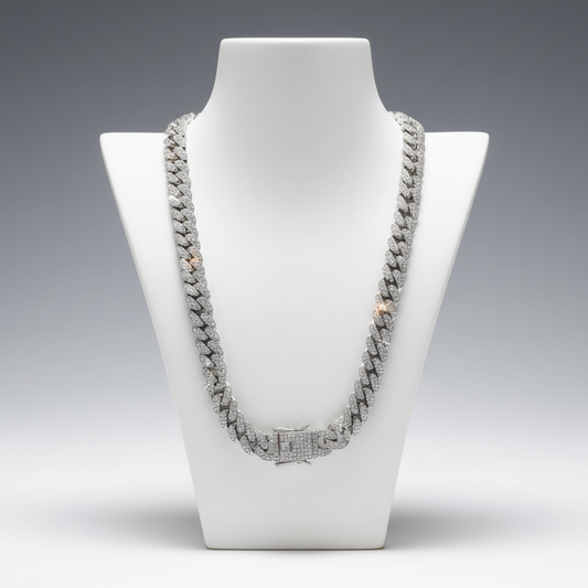 Necklace displayed on a white mannequin bust against a gray background