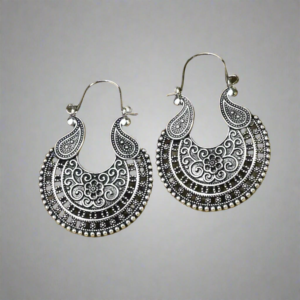 Boho Antique Silver Hoops
