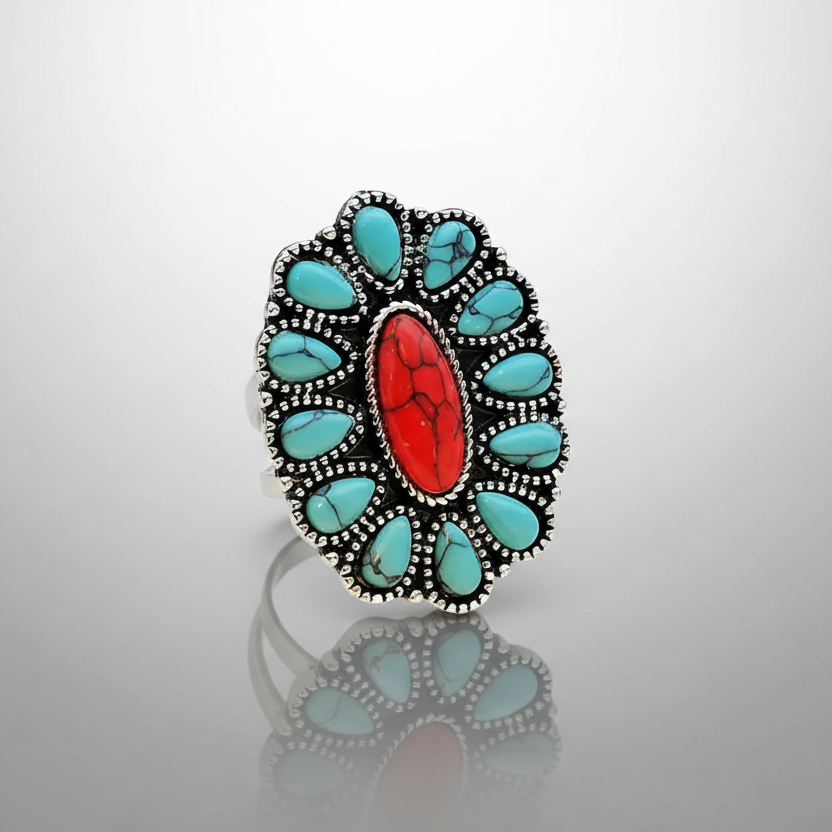 Blue Red Turquoise Oval Ring