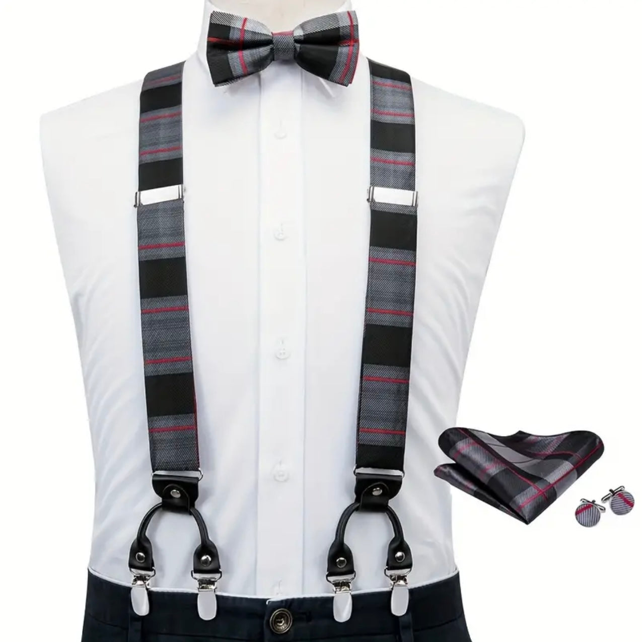 Grey Red Black Suspenders Bowtie Set