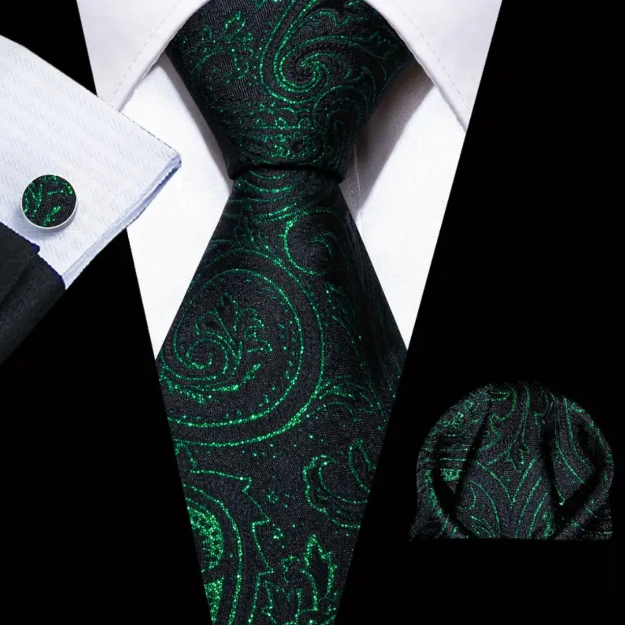 Black Metallic Green Necktie Set