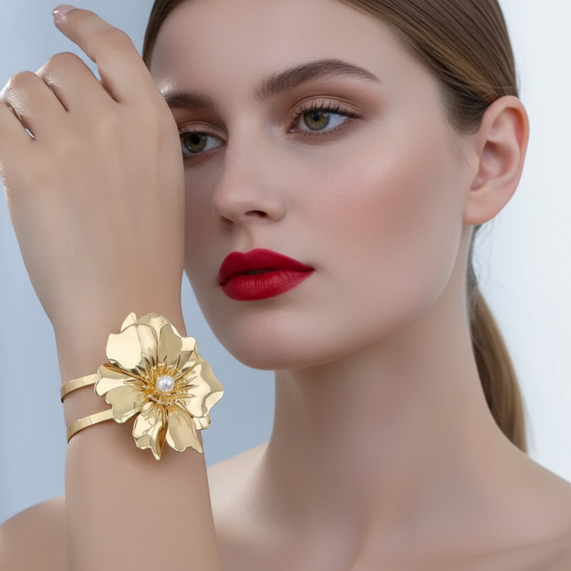 Woman wearing a gold bracelet with a floral design on a plain background