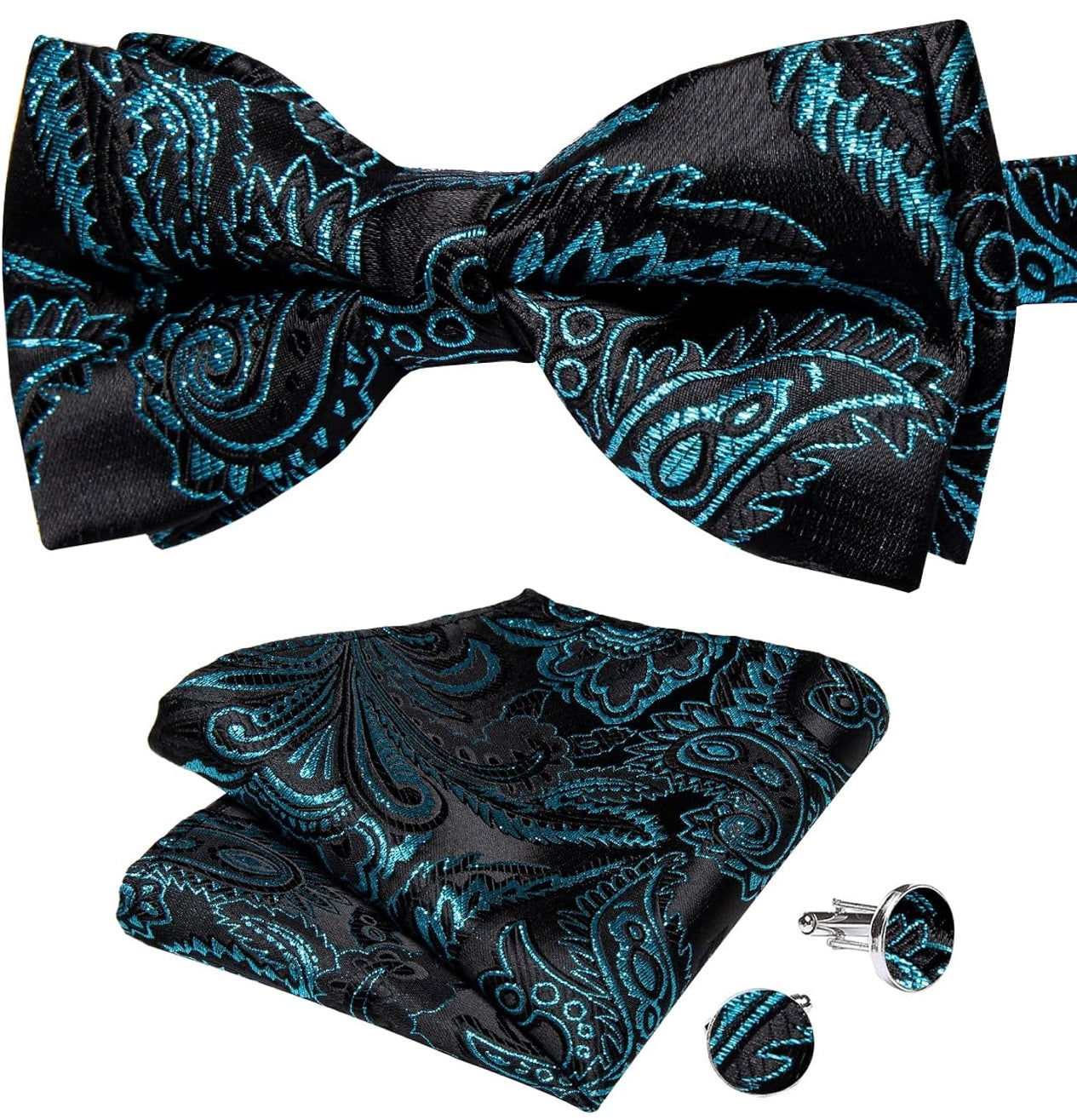 Peacock Blue Metallic Black Bowtie Set