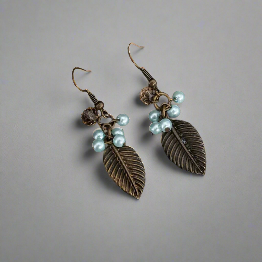 Bronze Leaf Pearl Dangle Earrings