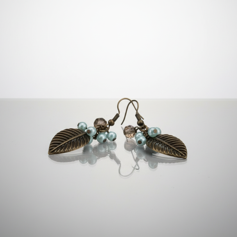 Bronze Leaf & Pearl Dangle Earrings