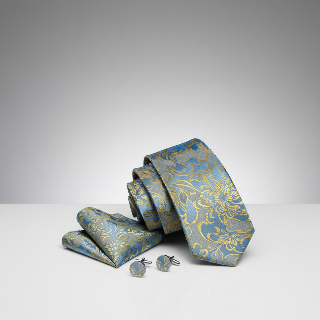 Cornflower Blue & Gold Floral Scroll Necktie Set