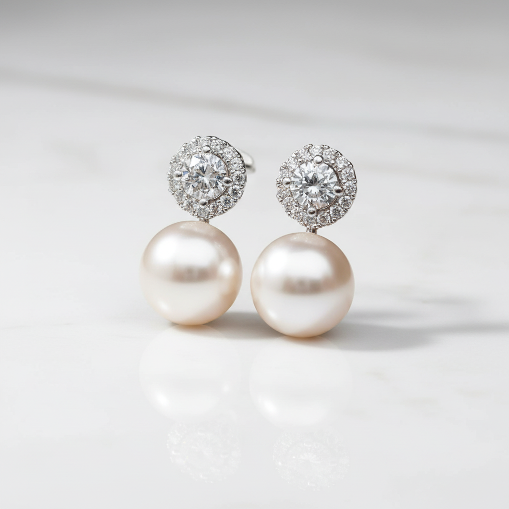 Pearl earrings with diamond-like stones on a light gray background