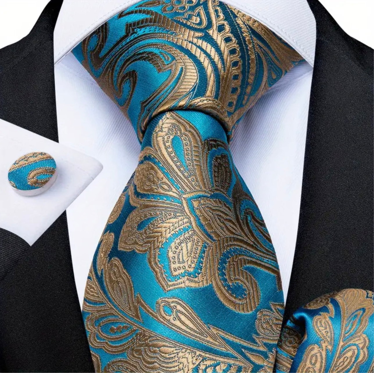 Blue Tropical Gold Floral Necktie Set