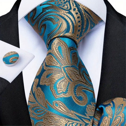 Blue Tropical Gold Floral Necktie Set