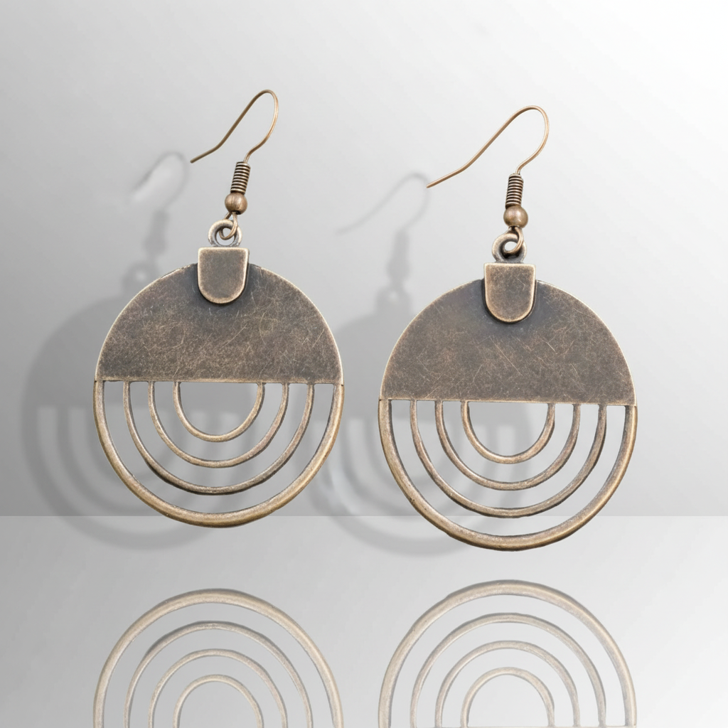 A pair of bronze-colored geometric boho earrings with a dangle design.