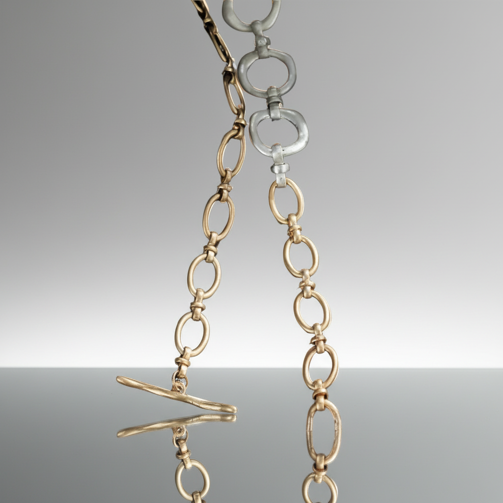 Gold and silver chain necklace on a gradient gray background