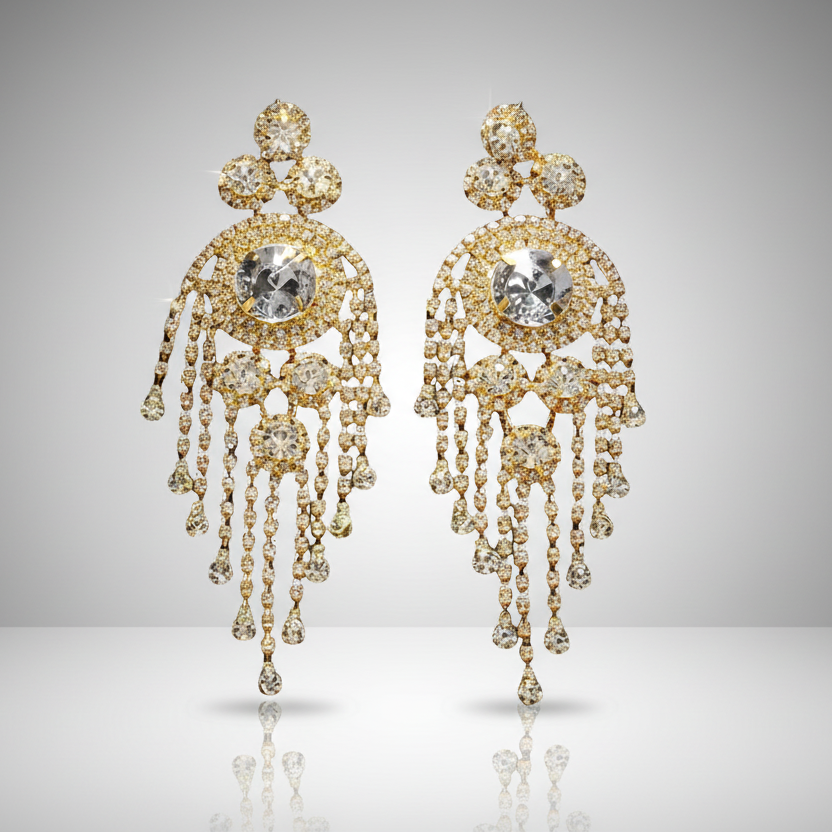 Pair of gold and crystal earrings on a reflective surface with a gray background