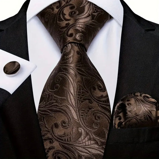 Brown Luxurious Scroll Necktie Set