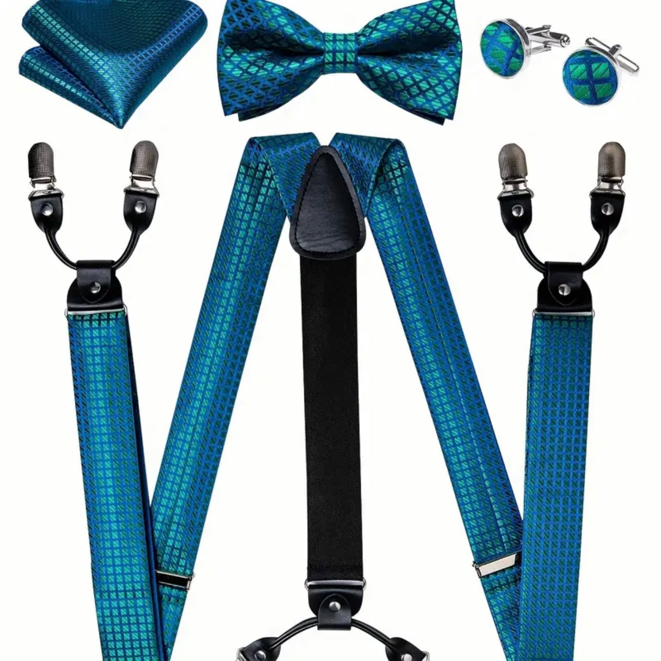 Green Blue Grid Suspenders Bowtie Set