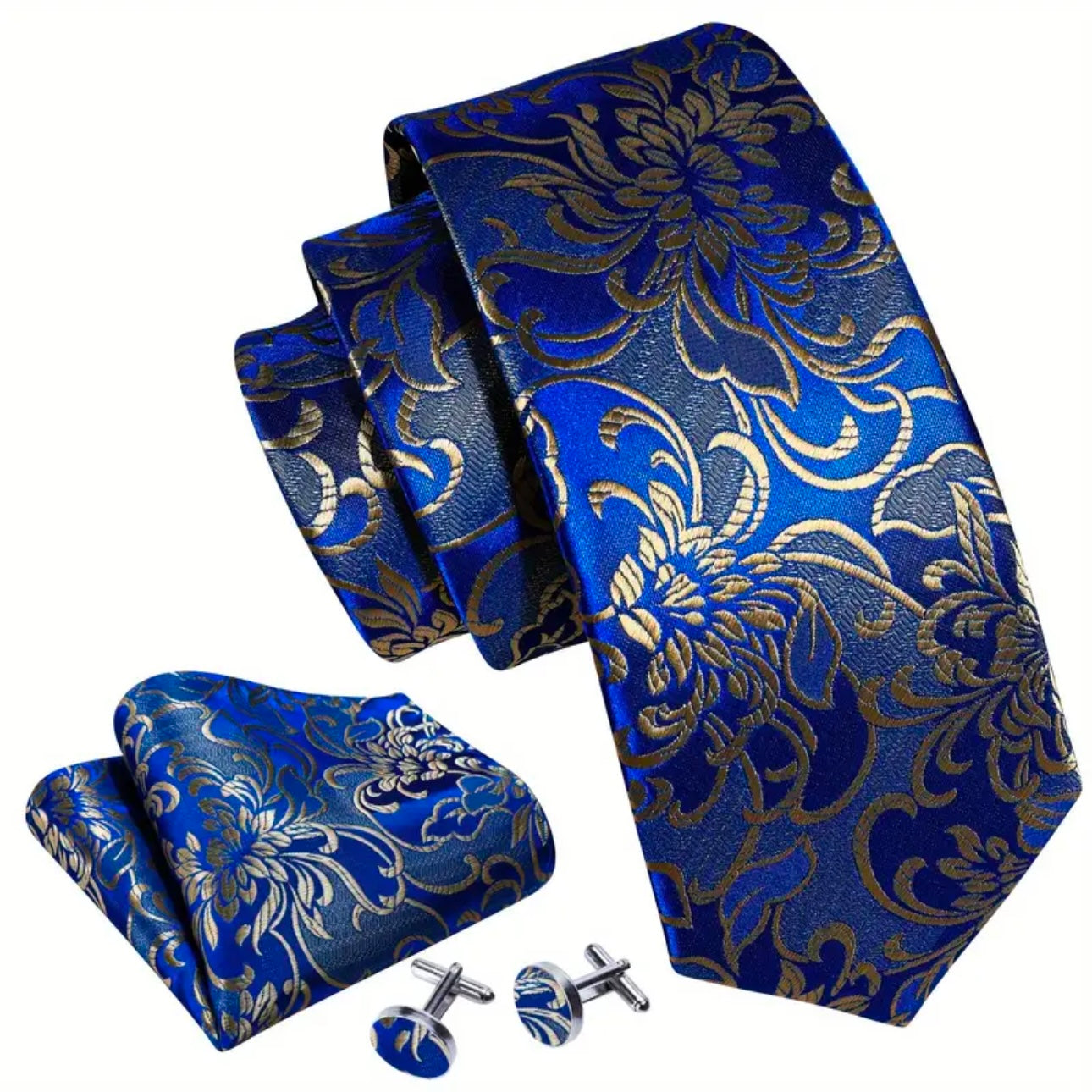 Blue Royal Gold Floral Necktie Set