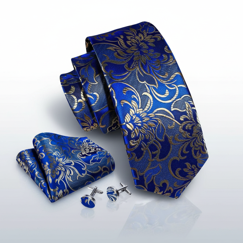 Blue Royal Gold Floral Scroll Necktie Set