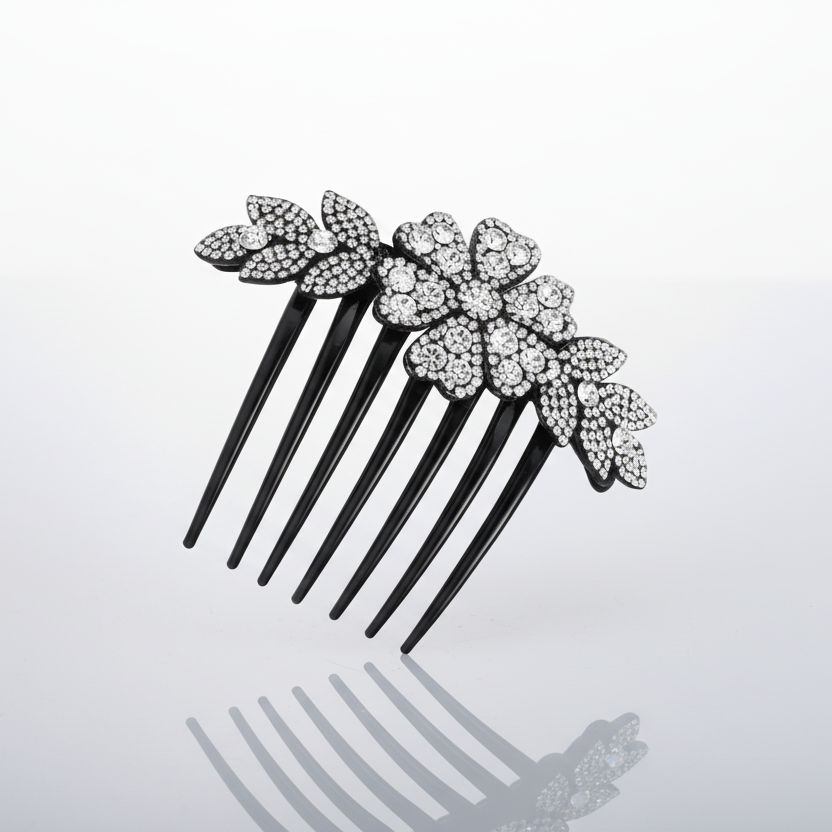 Black hair comb with decorative floral and leaf designs on a light gray background