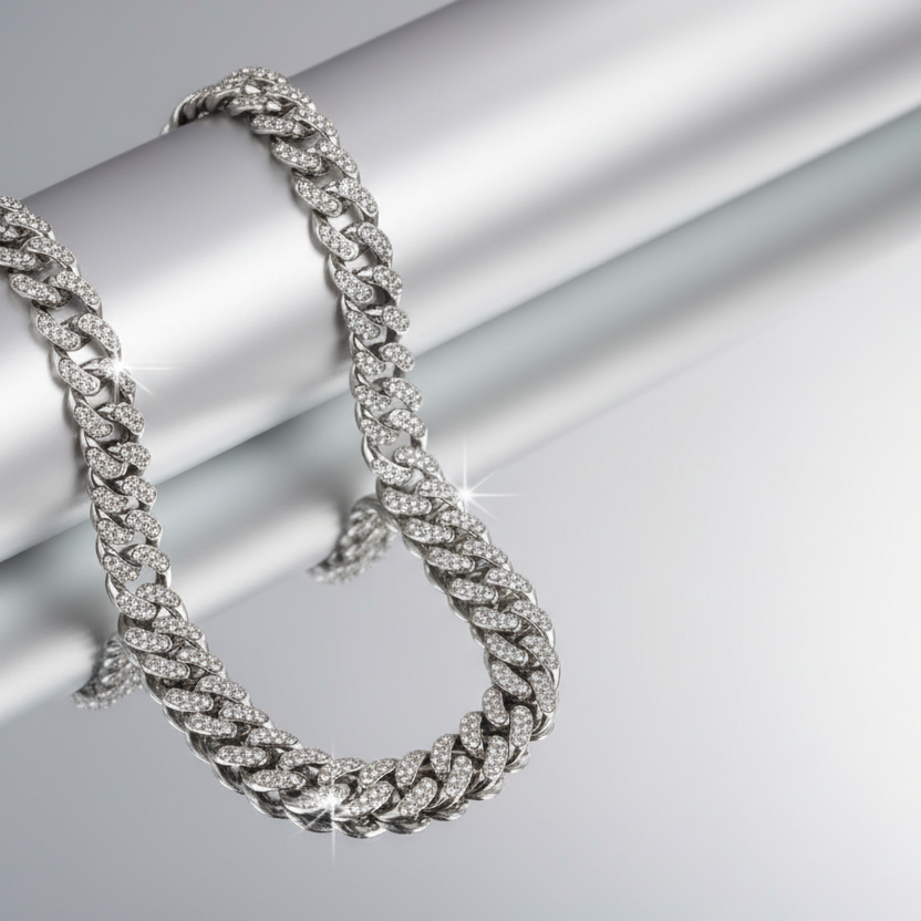 Silver Rhinestone Cuban Chain Necklace