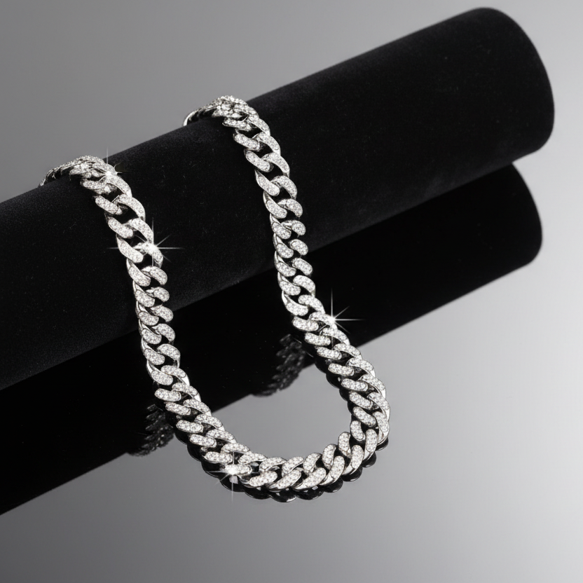 Silver Rhinestone Cuban Chain Necklace