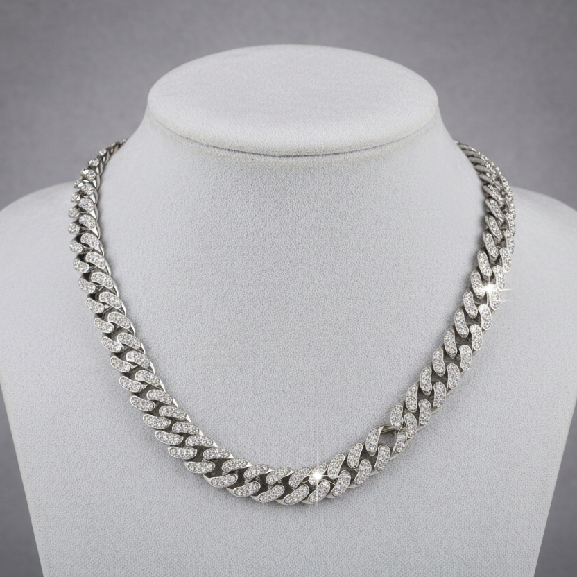 Silver Rhinestone Cuban Chain Necklace