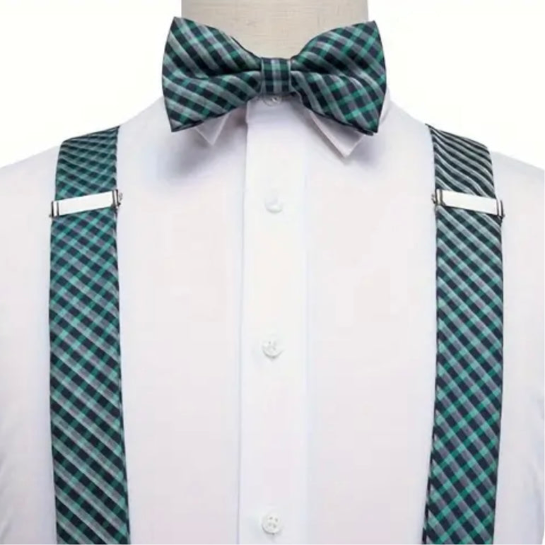 Green Plaid Suspenders Bowtie Set