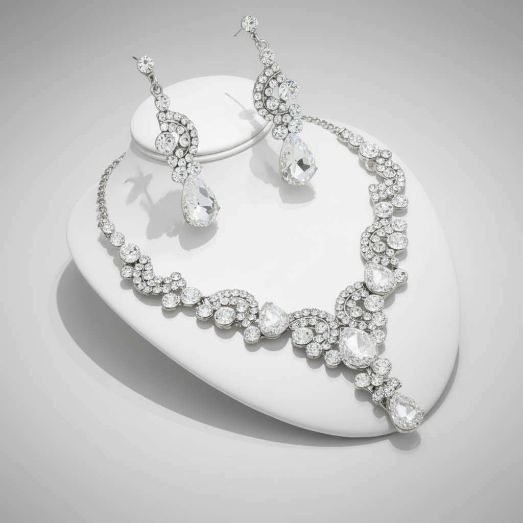Jewelry set with necklace and earrings on a white heart-shaped stand