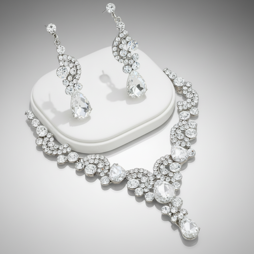 Jewelry set with necklace and earrings on a gray background