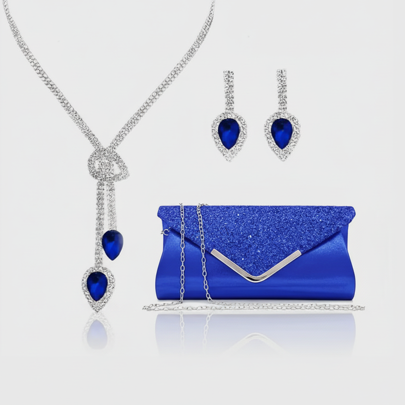 Jewelry set with blue teardrop earrings, necklace, and blue clutch bag on a white background