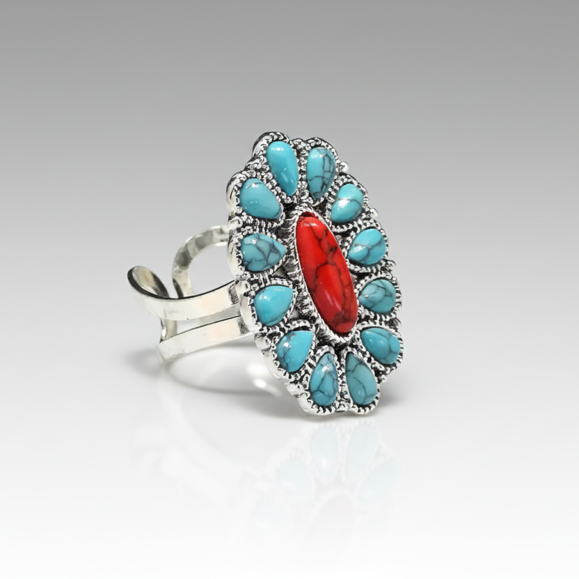 Blue Red Turquoise Oval Ring