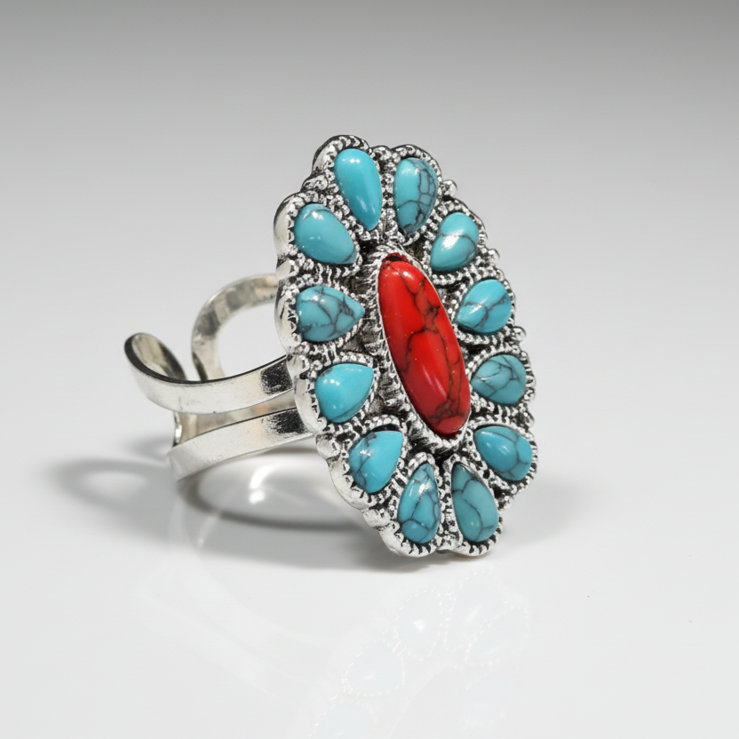 Blue Red Turquoise Oval Ring