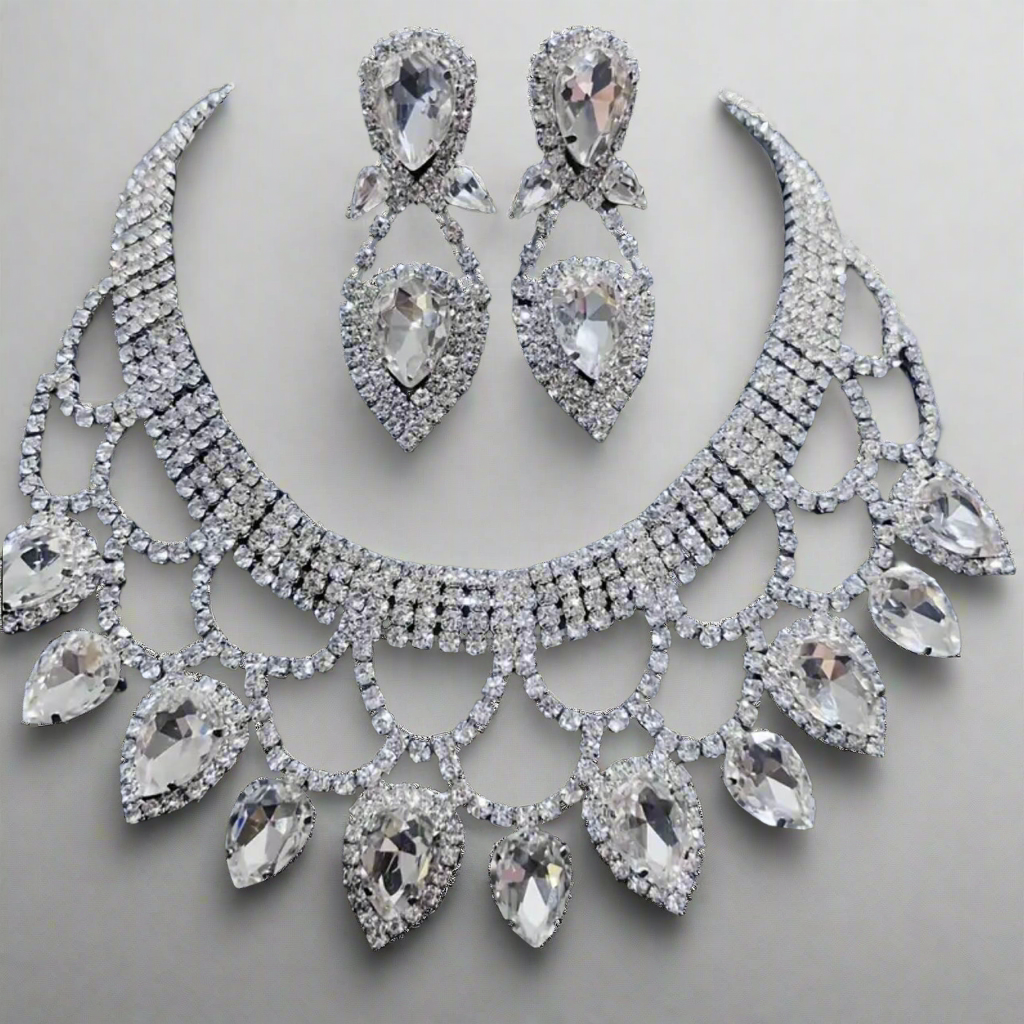 Clear Rhinestone Silver Jewelry Set