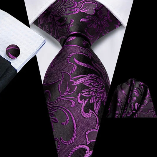 Purple Black Floral Necktie Set
