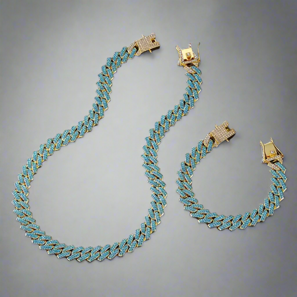 Gold Aqua Cuban Chain Set