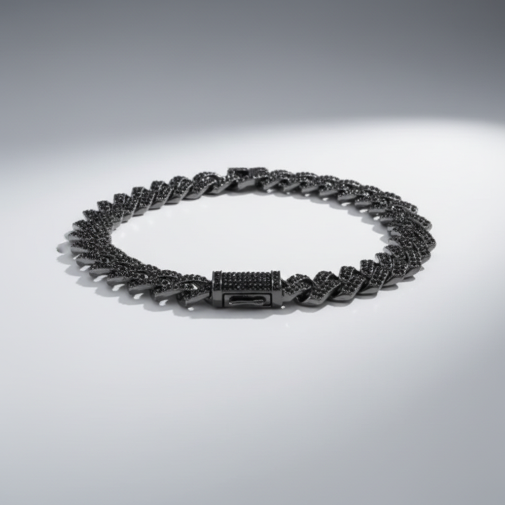 Black chain necklace on a gray background