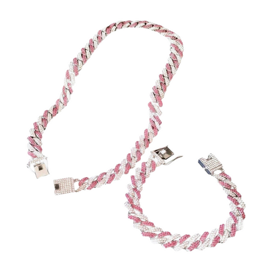 Pink Clear Cuban Chain Set