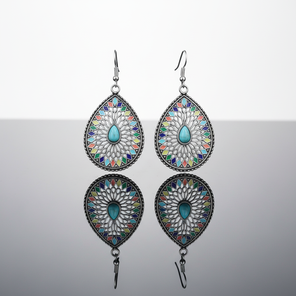 Decorative earrings with colorful patterns and turquoise stones on a gray background