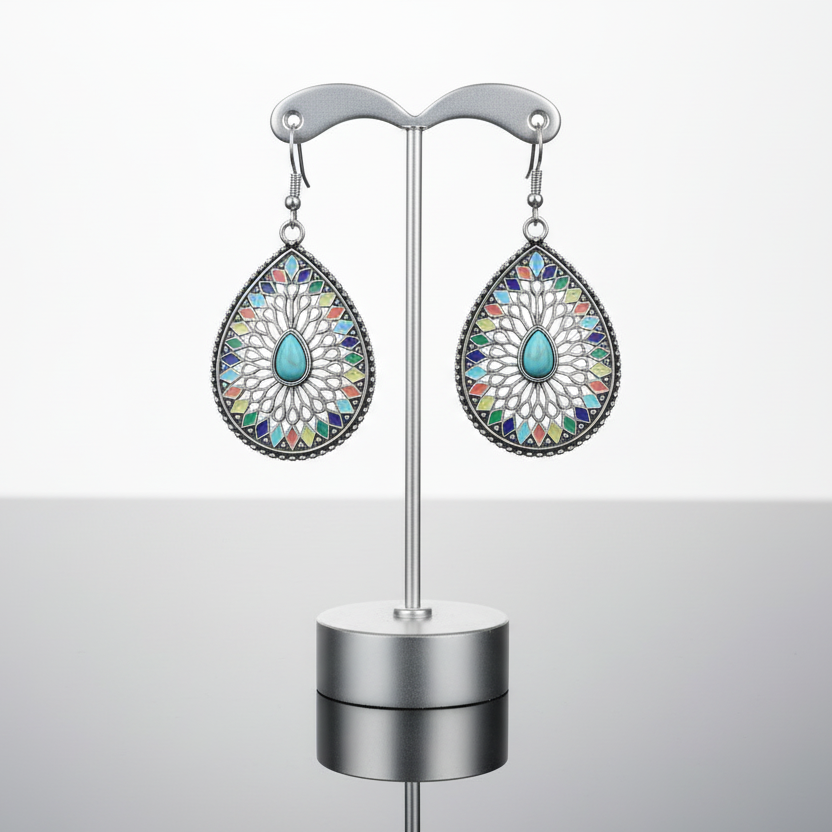 Colorful earrings on a stand against a white background