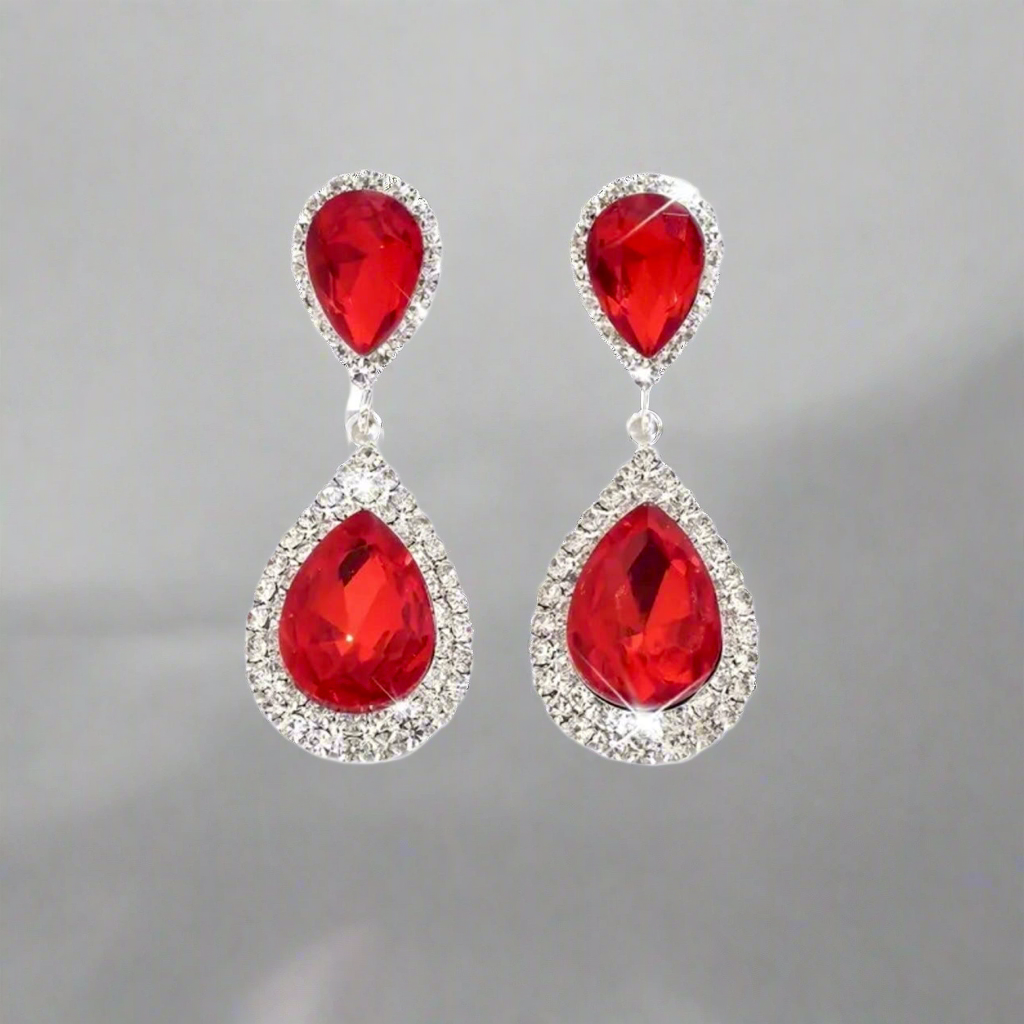 Red Clear Silver Earrings