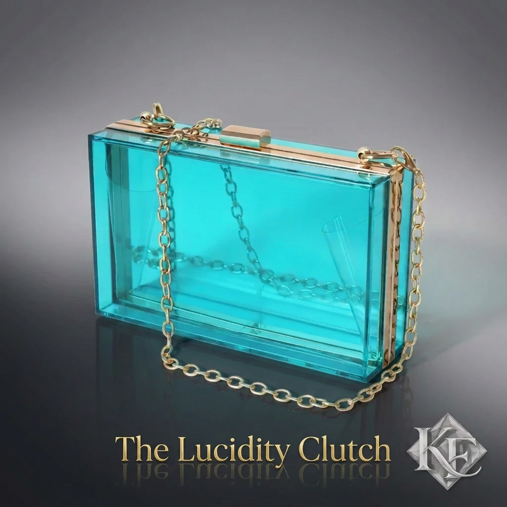A translucent turquoise blue rectangular clutch bag with a gold-tone metal frame, clasp, and chain strap, displayed on a reflective surface.