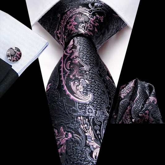 Pink Black Paisley Necktie Set