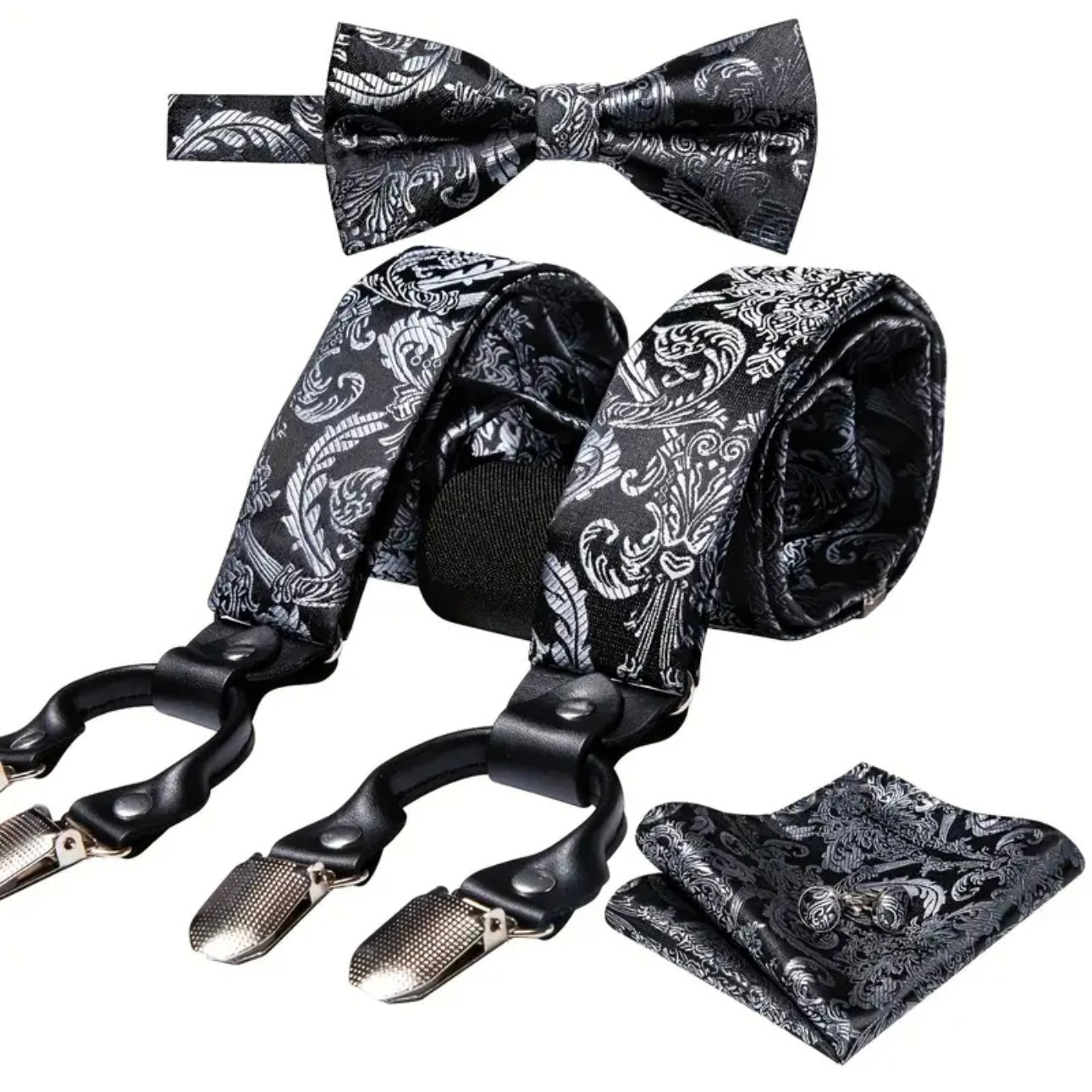 Grey Silver Black Suspenders Bowtie Set