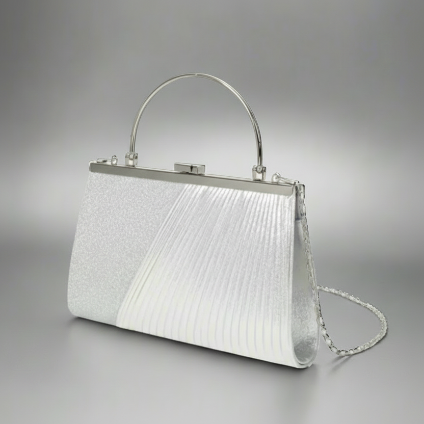 A metallic silver pleated evening bag with a clutch design, magnetic clasp, and a detachable chain shoulder strap.